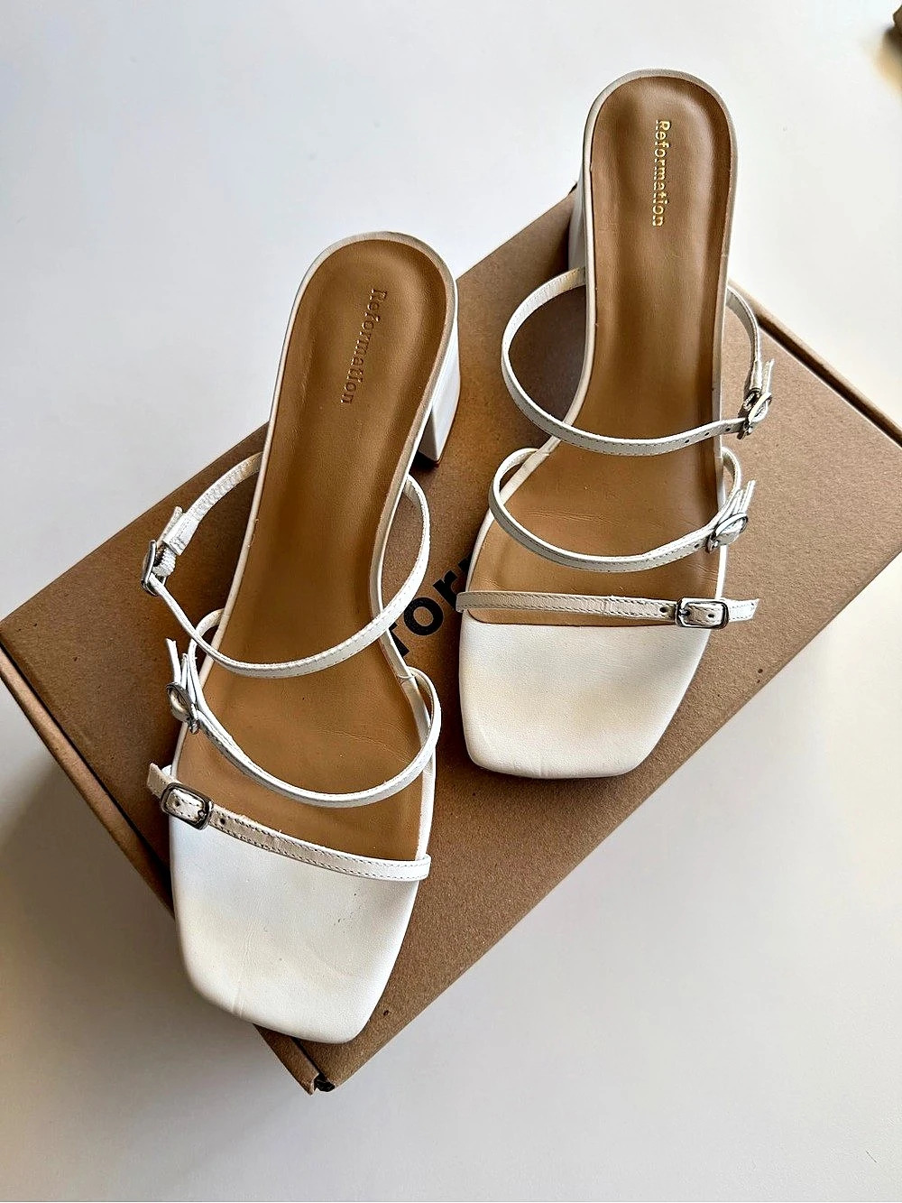 Reformation Eveline Buckle Heeled Sandal White US 9